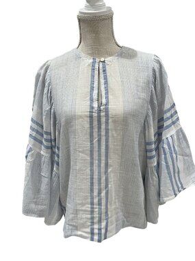 La Vie Rebecca Taylor Womens Blue & White Striped Bell Sleeve Top M